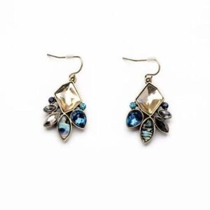 Blue Rhinestone Crystal Flower Vintage Gold Hook Statement Earrings